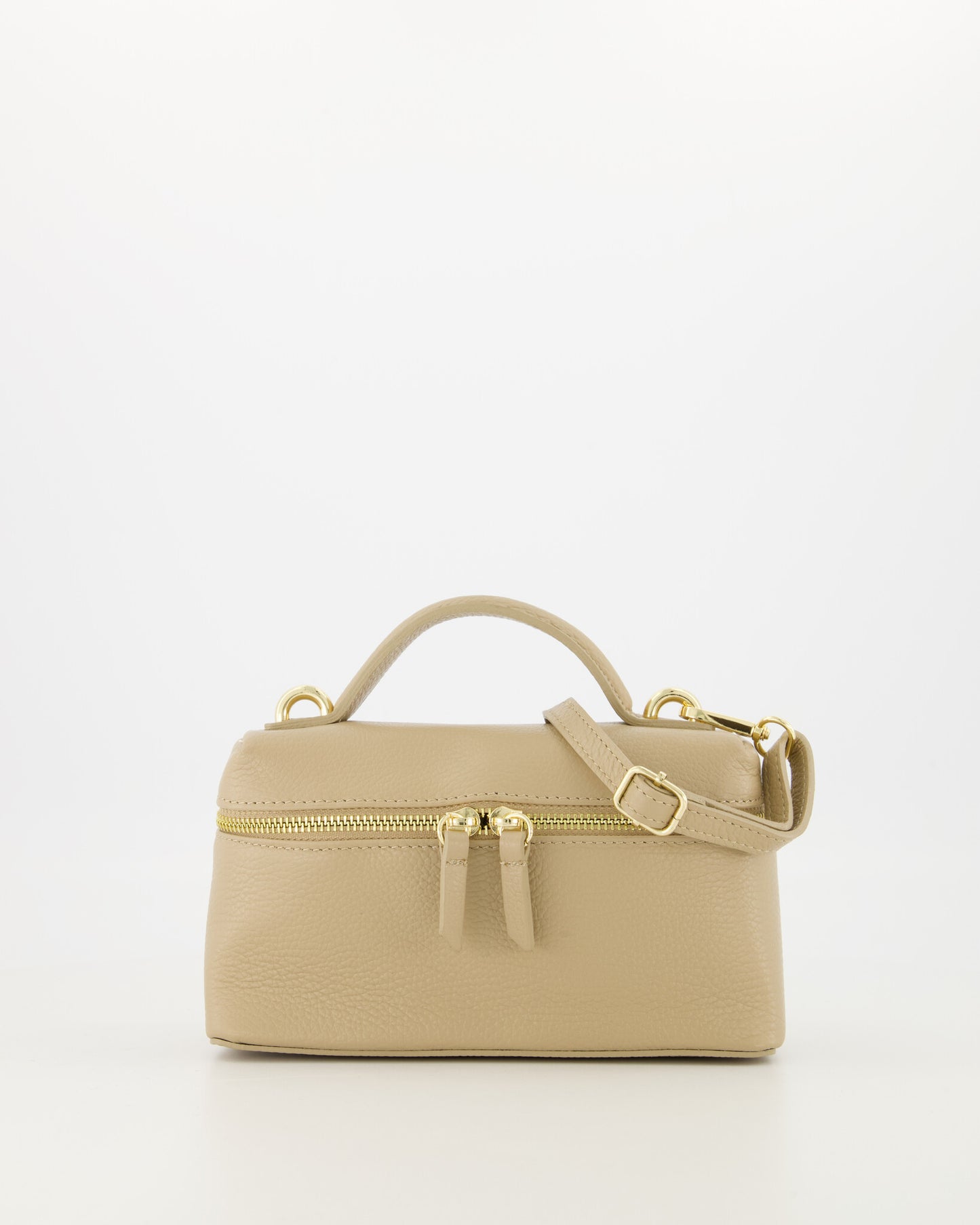 Detail van gold dubbele zipper op taupe leren small bag van 100% rundleer.