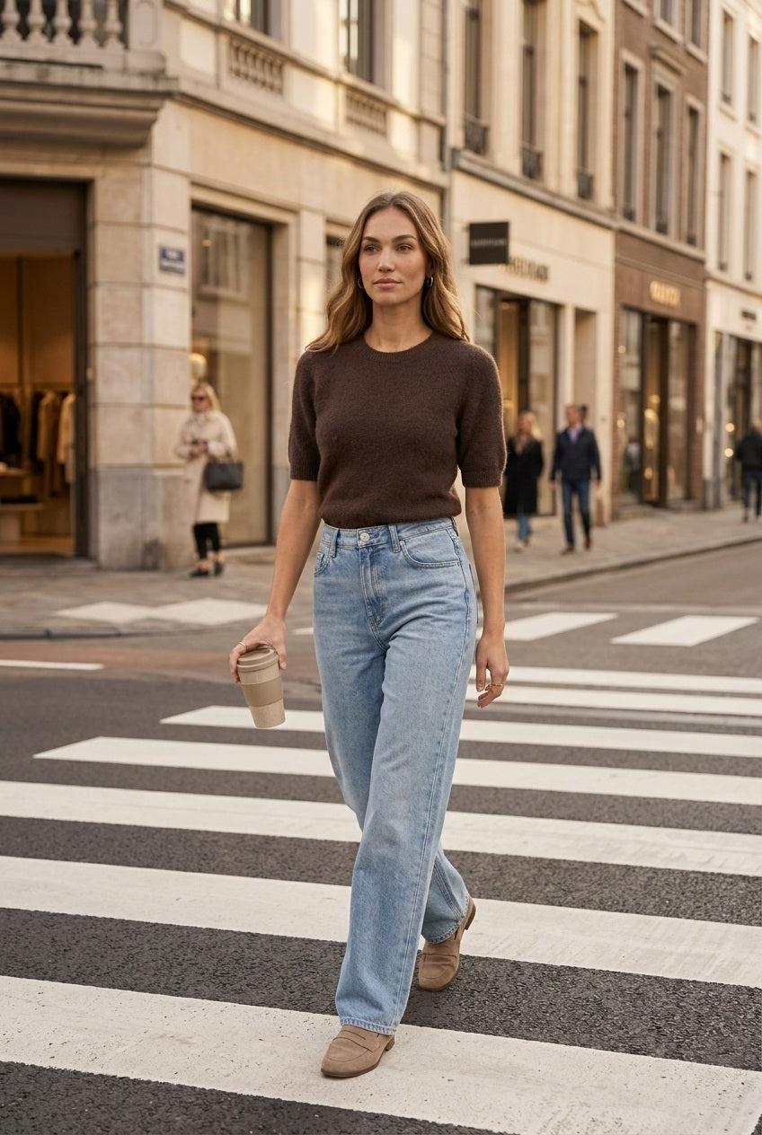 City Chic: Chocoladebruine Alpaca Top & Straight Leg Jeans Britt