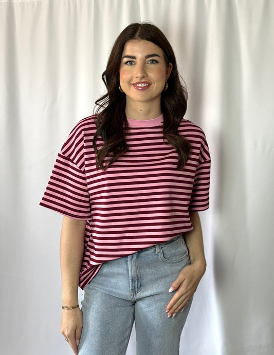 Gestreept dames T‑shirt in rood en roze – short sleeve – one size | Myjewellen