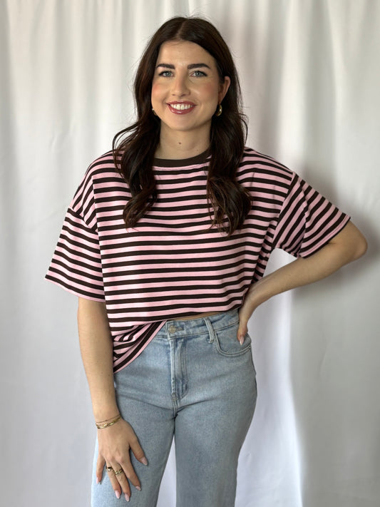 Juul short sleeve striped brown pink T‑shirt – one size – bruin roze strepen | Myjewellen
