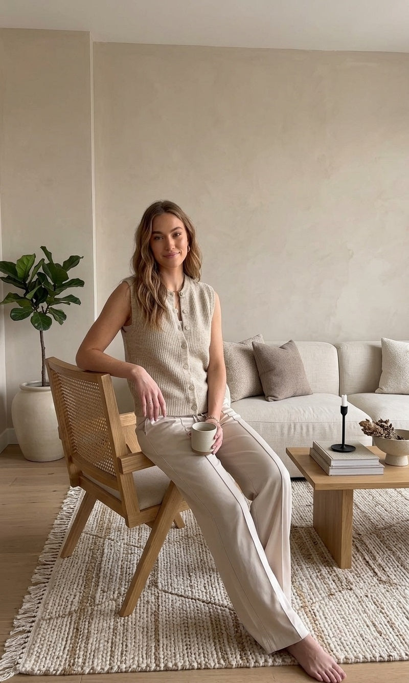 Top Mae Beige in lifestylesetting binnen.