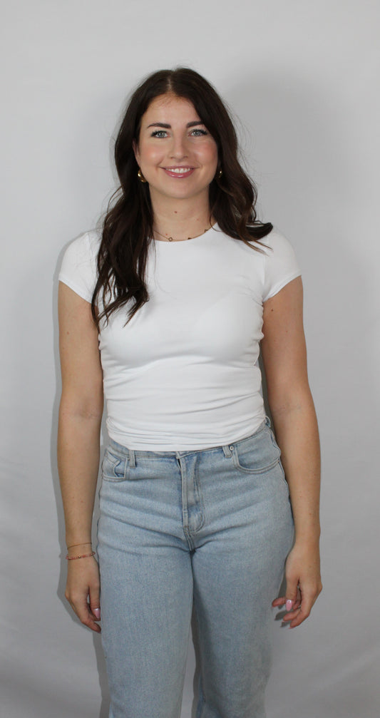 Ella Top White, stretchy dames top met korte mouw, niet doorschijnend, Myjewellen