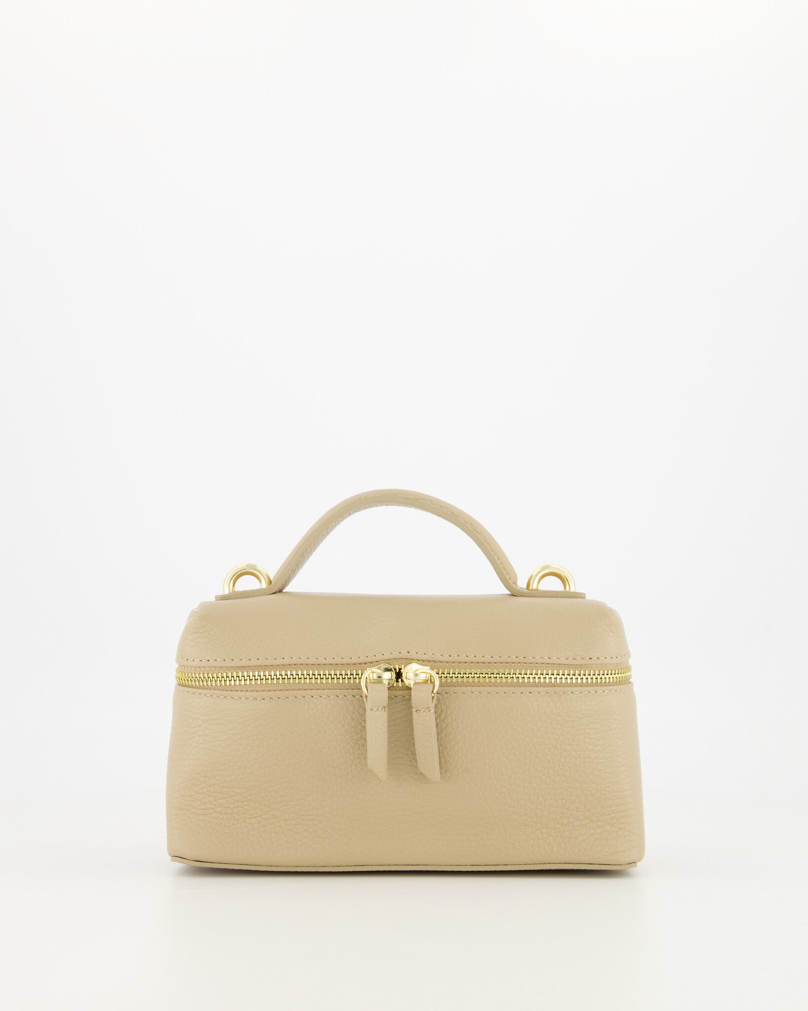 Taupe leren small bag van 100% rundleer met top handle, gold hardware en dubbele zipper.