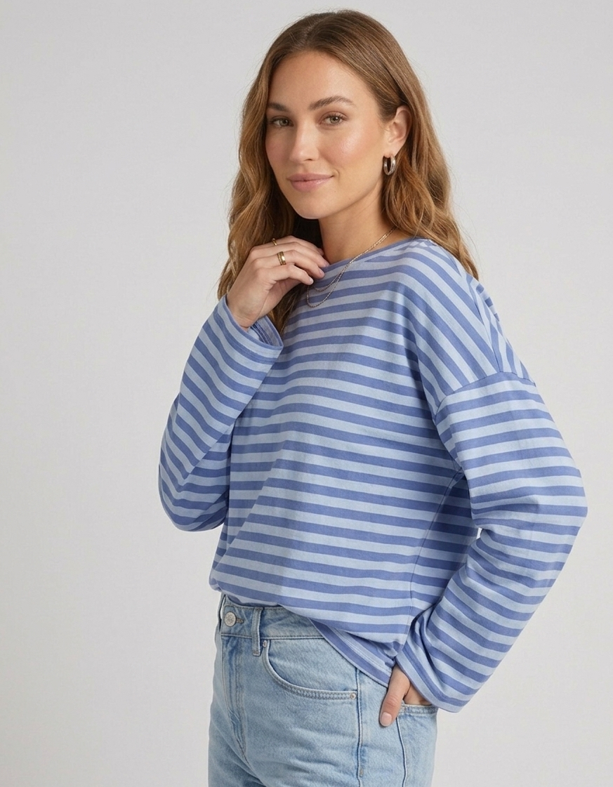 Blauw gestreepte katoenen dames longsleeve Cato van Myjewellen