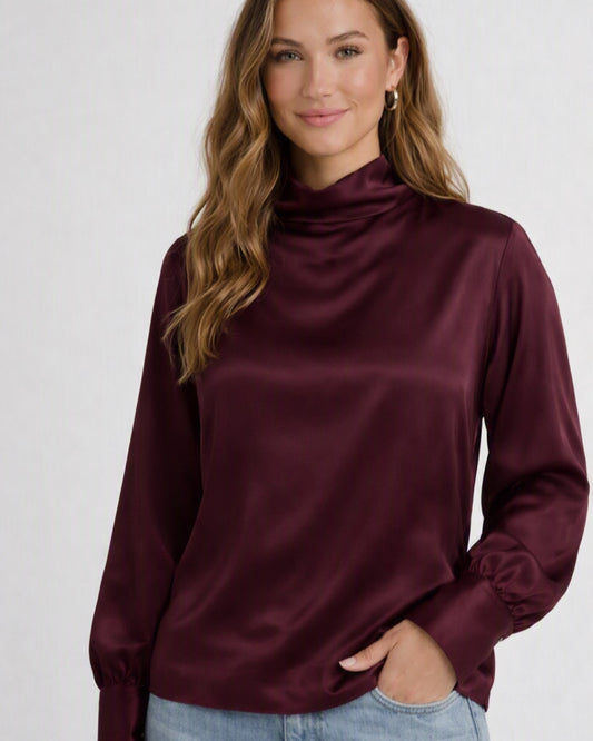 Bordeaux satijnen damesblouse met hoge kraag en lange mouwen Myjewellen.