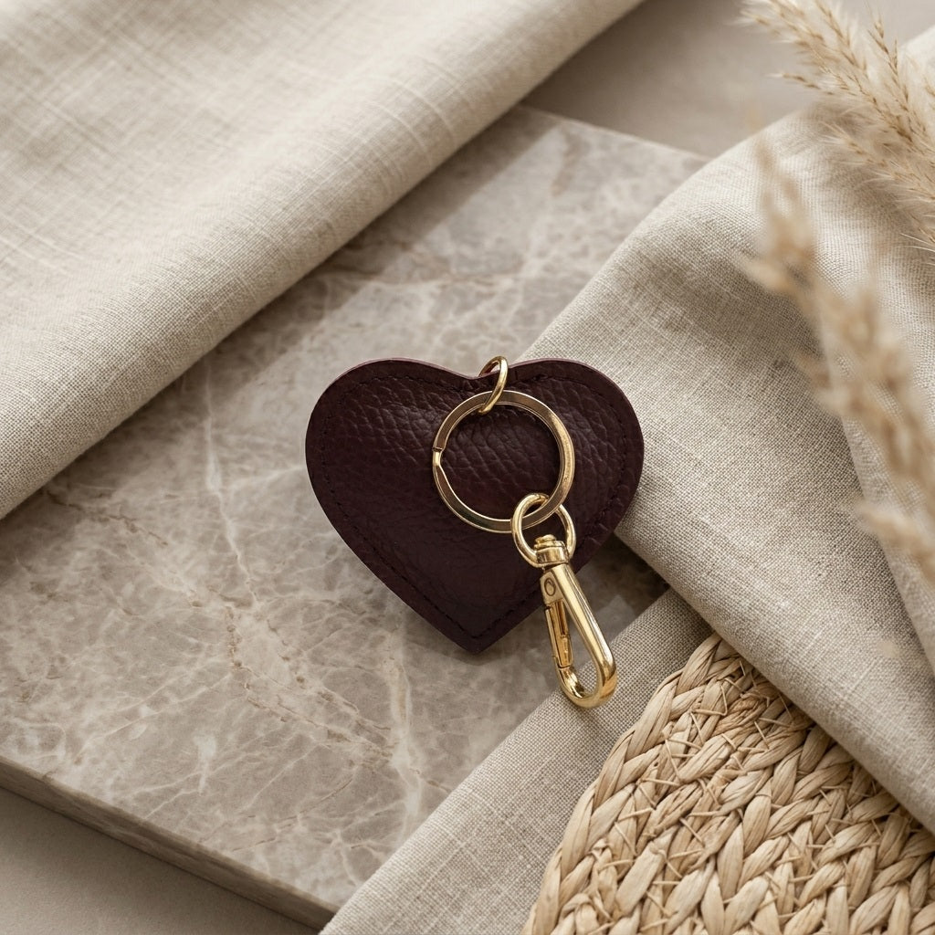 Sleutelhanger Hart Bordeaux van Myjewellen: een elegante bordeauxrode hartvormige sleutelhanger gemaakt van hoogwaardig leer.