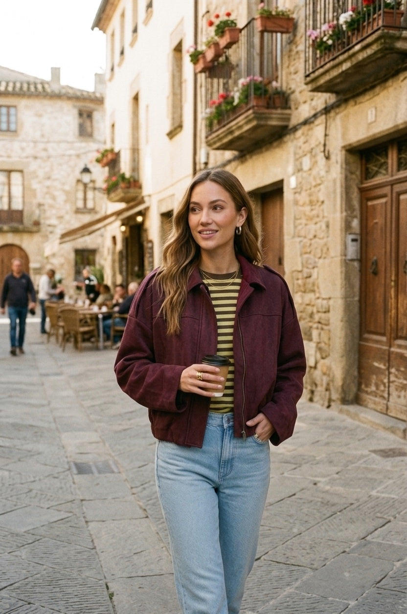 Model draagt bordeaux suède jas in een warme Europese straatsetting, gecombineerd met jeans en casual look van Myjewellen.