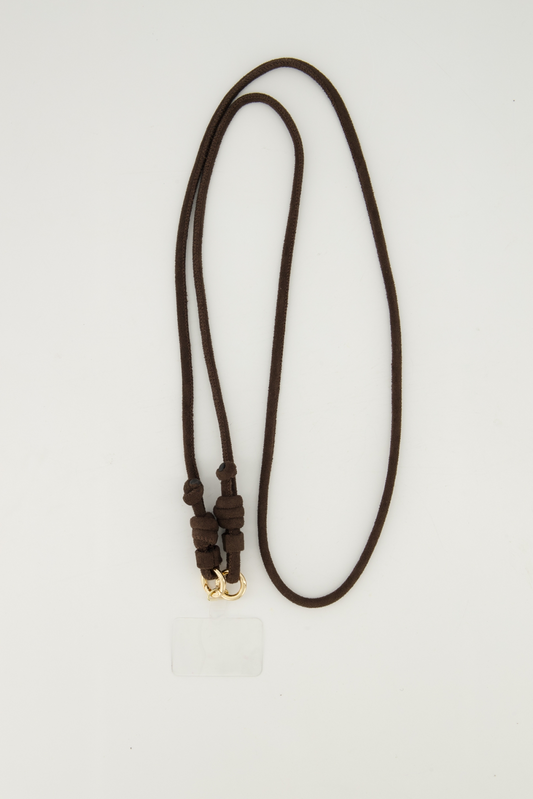 Bruin telefoonkoord voor dames, een universeel en verstelbaar telefoonlint met stevige haken van Myjewellen.
