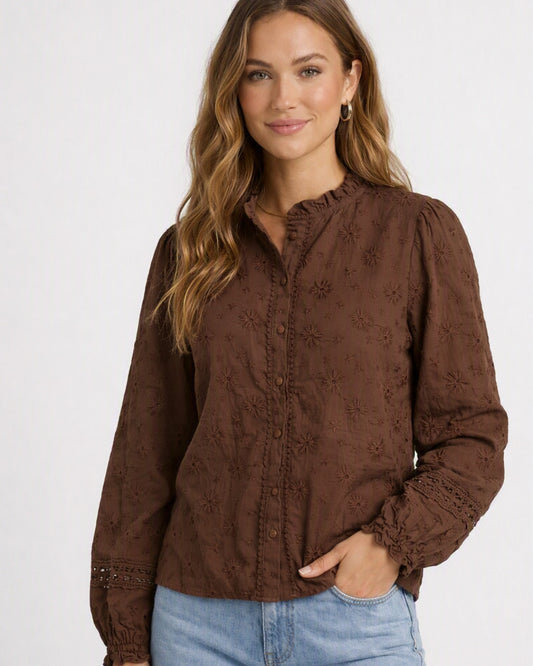 Bruine Dames Blouse | Relaxed Fit Katoenen Blouse | Jasmijn