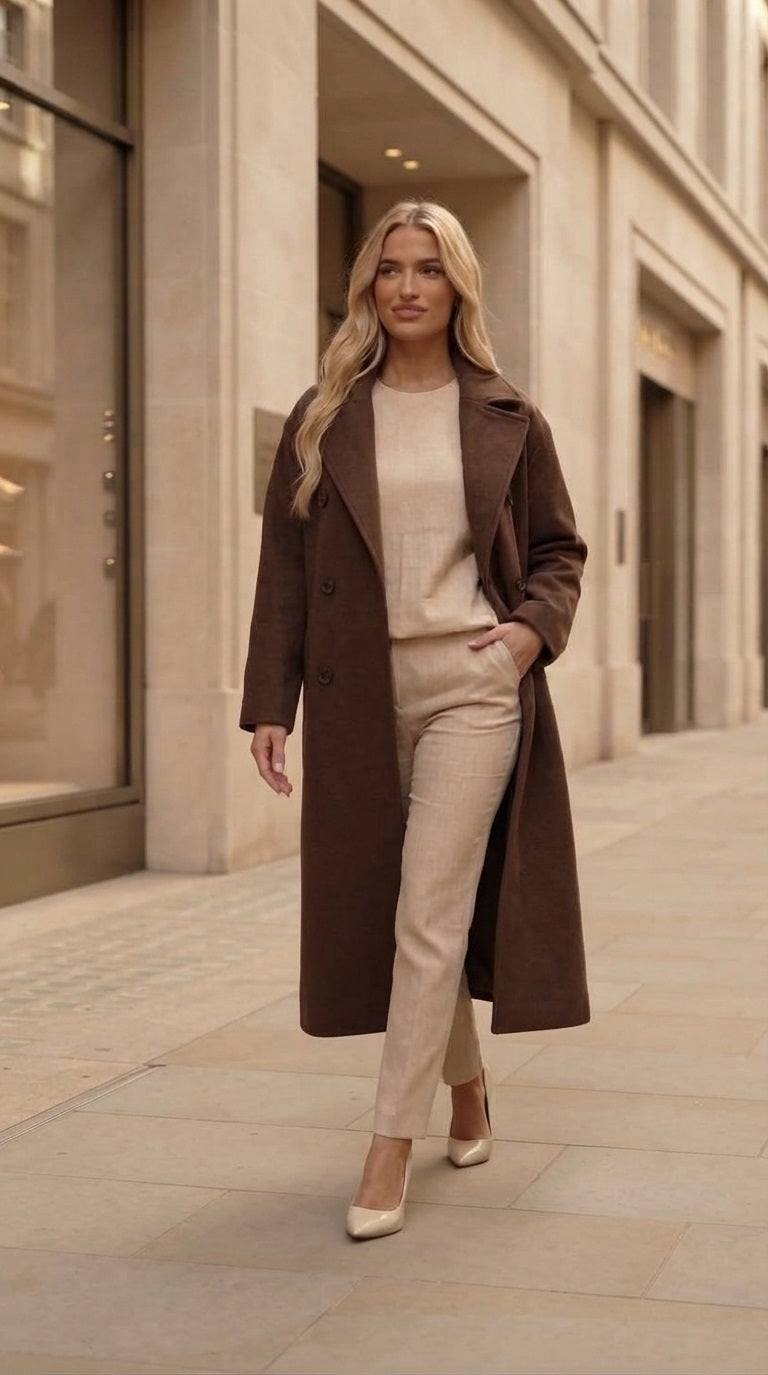 Lopend model draagt de lange bruine dames trenchcoat met wollook gecombineerd met een beige pantalon outfit
