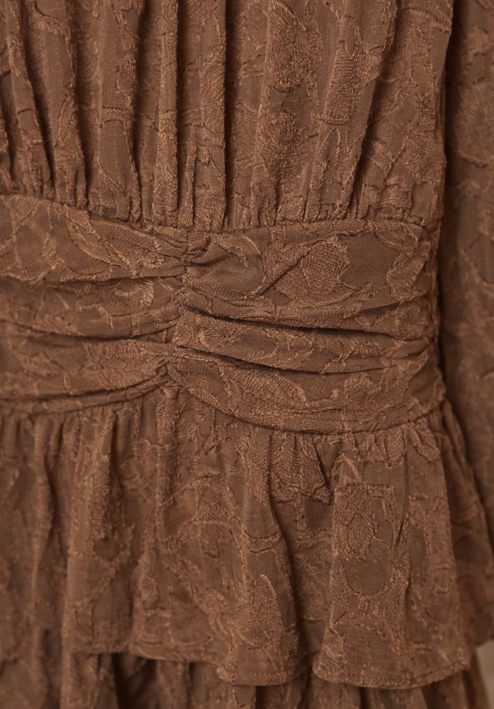 Dichtbij detail van de luxe gestructureerde devoré stof en de gesmokte elastische taille van jurk Soof
