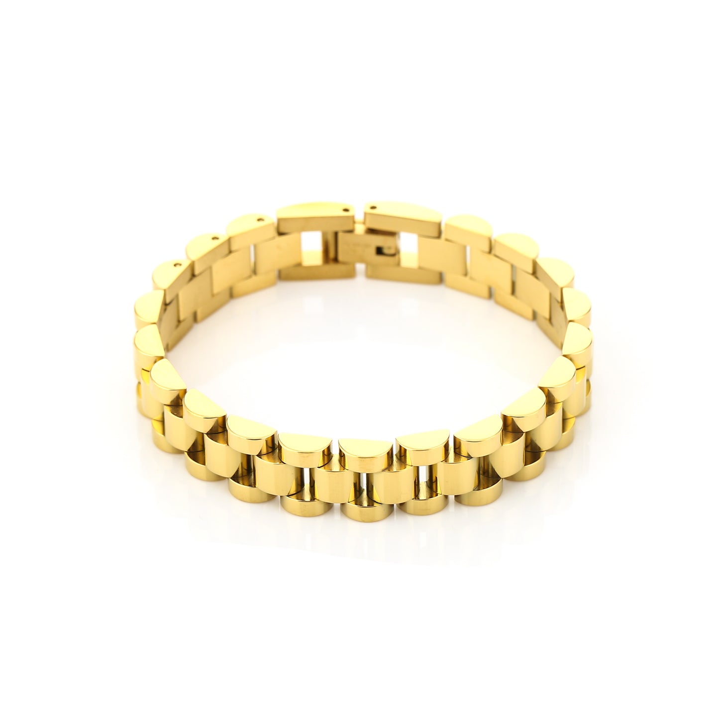 Golden Link Bracelet van Myjewellen: een goudkleurige schakelarmband gemaakt van waterproof stainless steel op een minimalistische achtergrond.