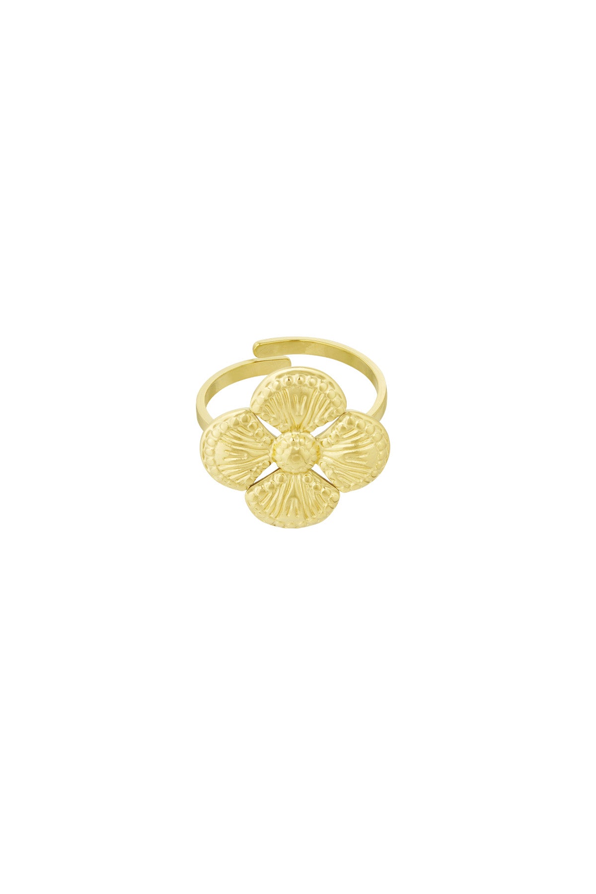 Gouden klaver ring van stainless steel, verstelbaar en minimalistisch design.