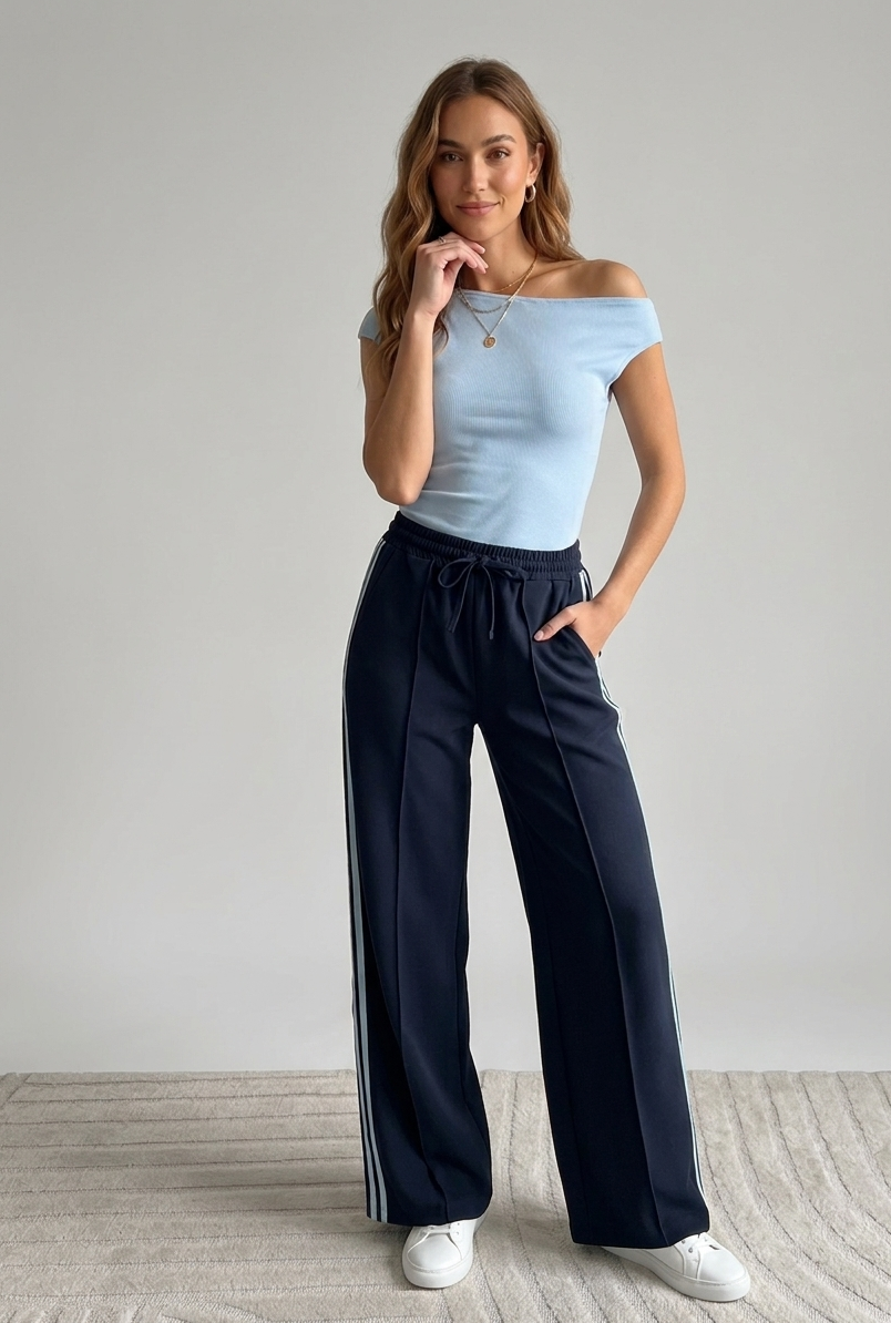 Lichtblauwe off schoulder top gedragen op de navy track pants met witte sneakers