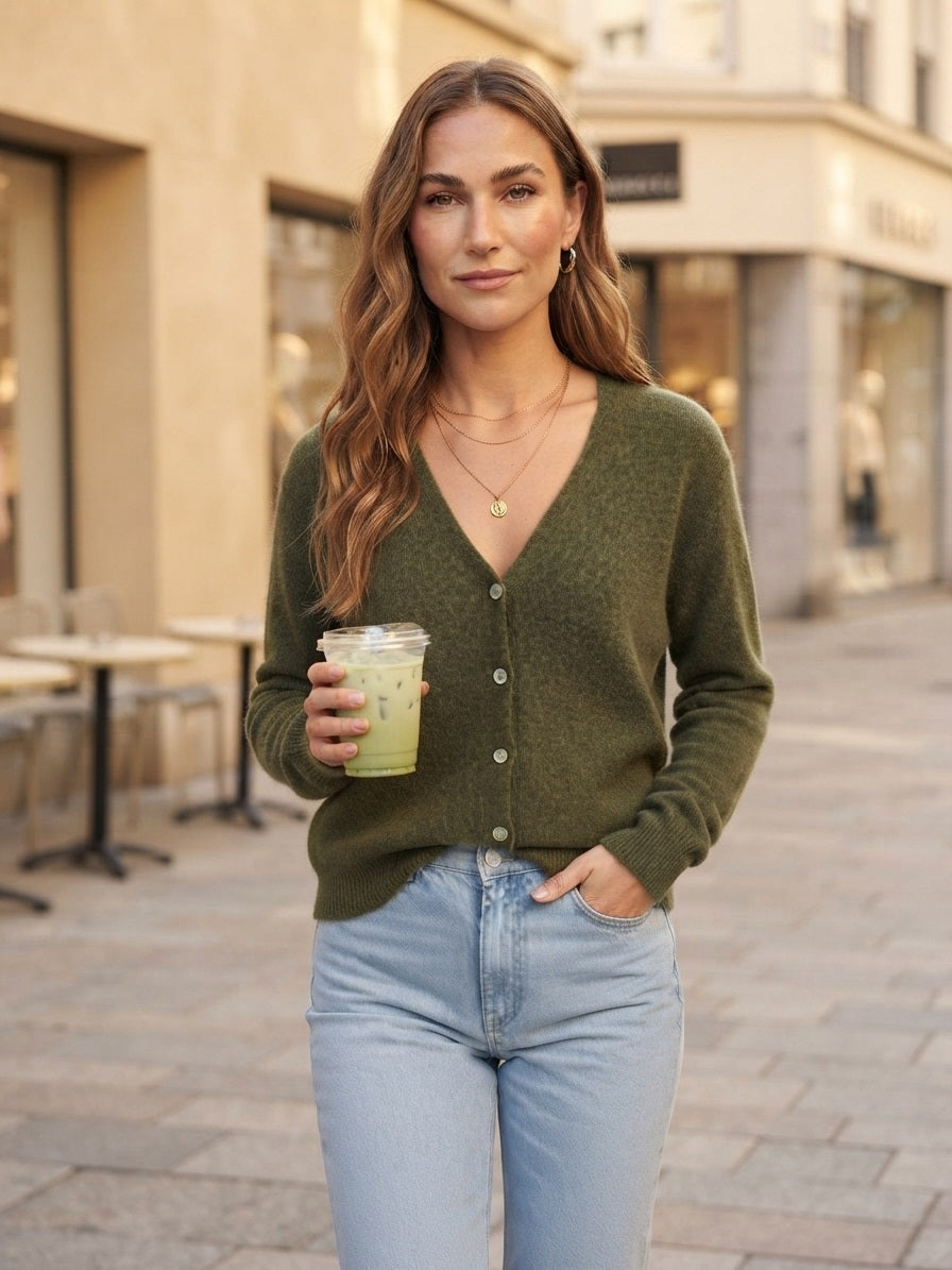 Olijfgroen Knit Cardigan Nova van Myjewellen: een warm olijfkleurig gebreid dames vestje met een V-hals.