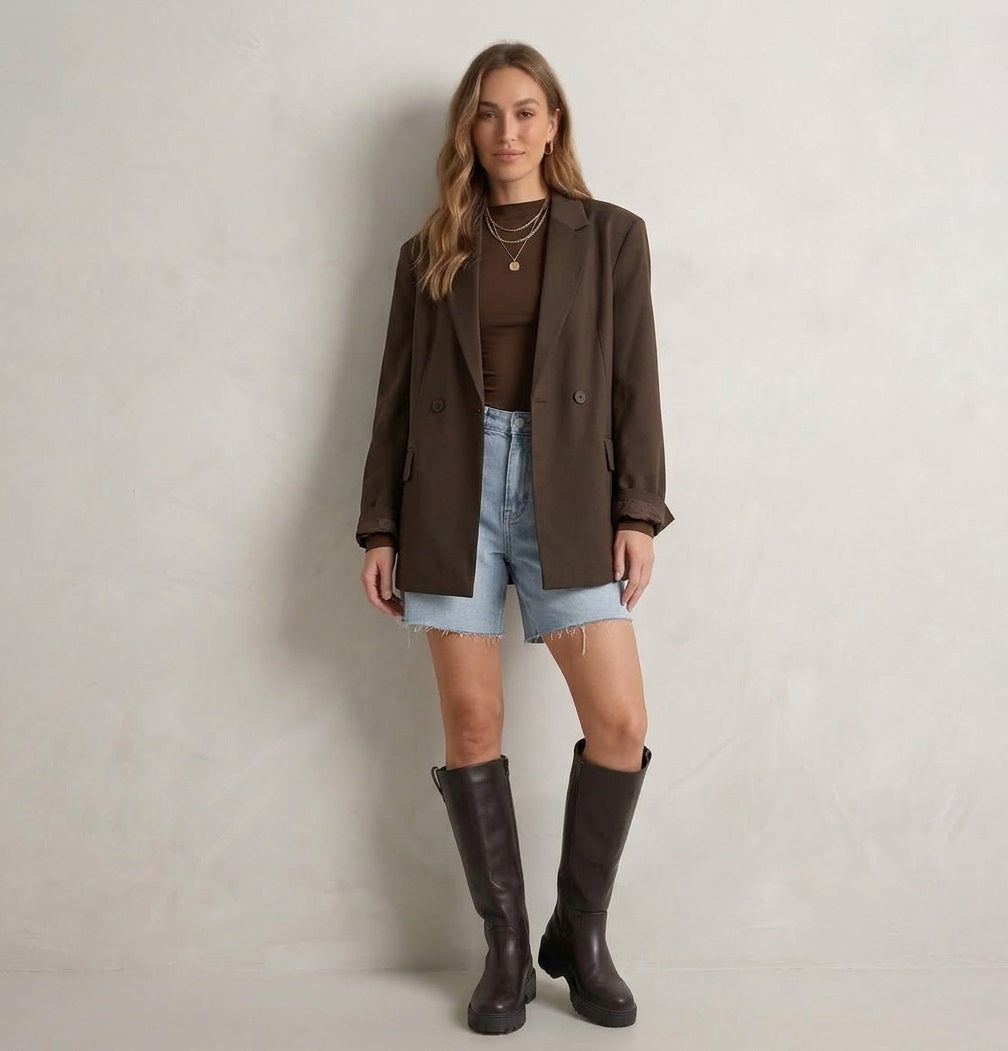 Oversized blazer bron met bruine longsleeve met daaronder denim short met bruine hoge laarzen.