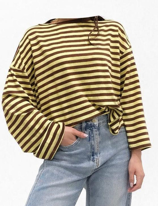 Gestreepte oversized dames longsleeve in yellow brown | Cato Longsleeve met flare mouw, one size | Myjewellen