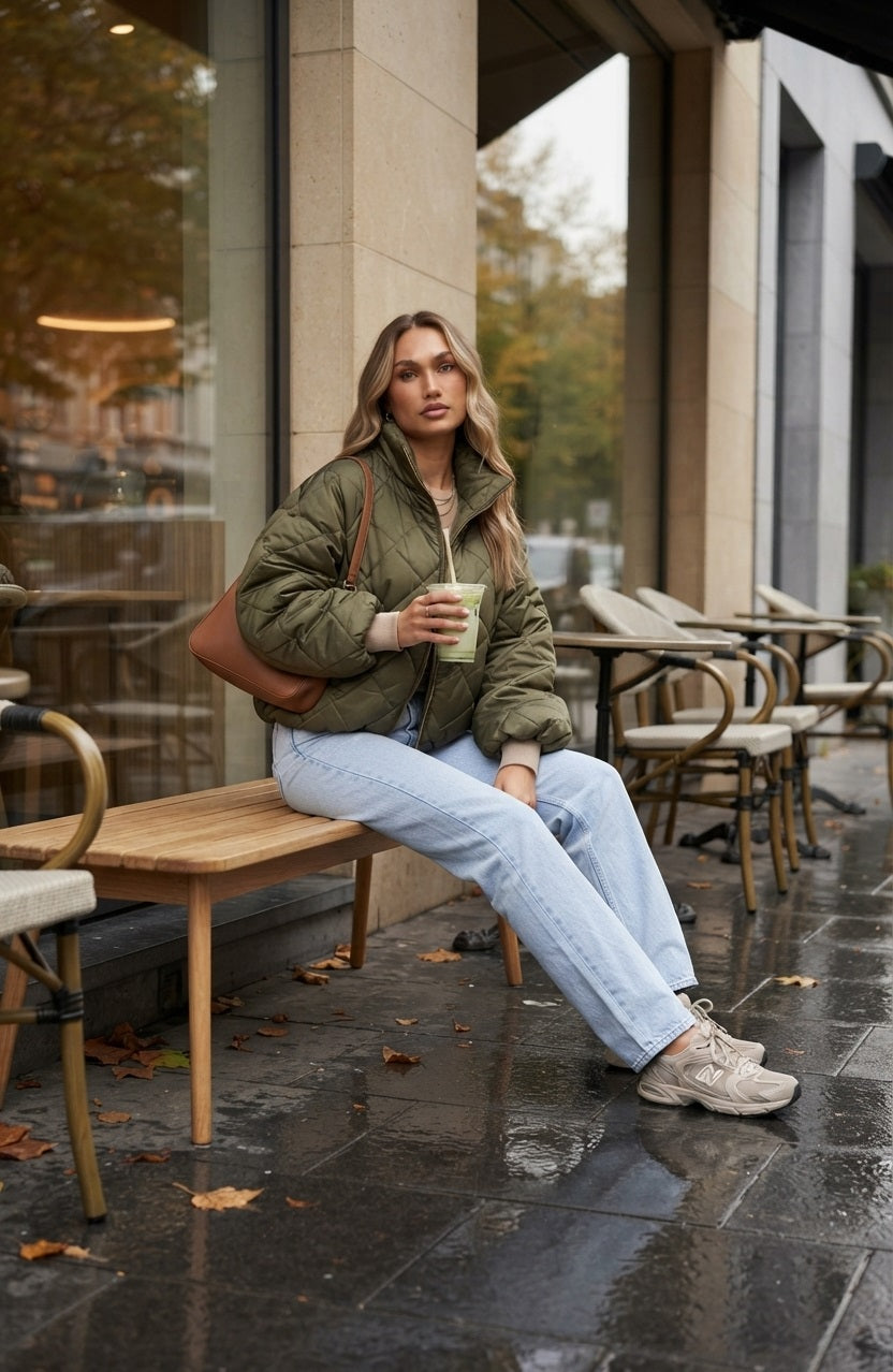 Riva Puffer Jacket olijfgroen gedragen met lichtblauwe jeans in een casual herfstoutfit.