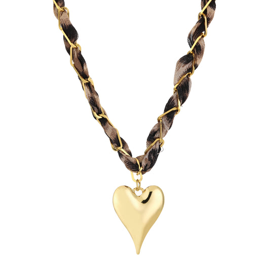 Stoffen panter ketting met gouden hart bedel | Myjewellen