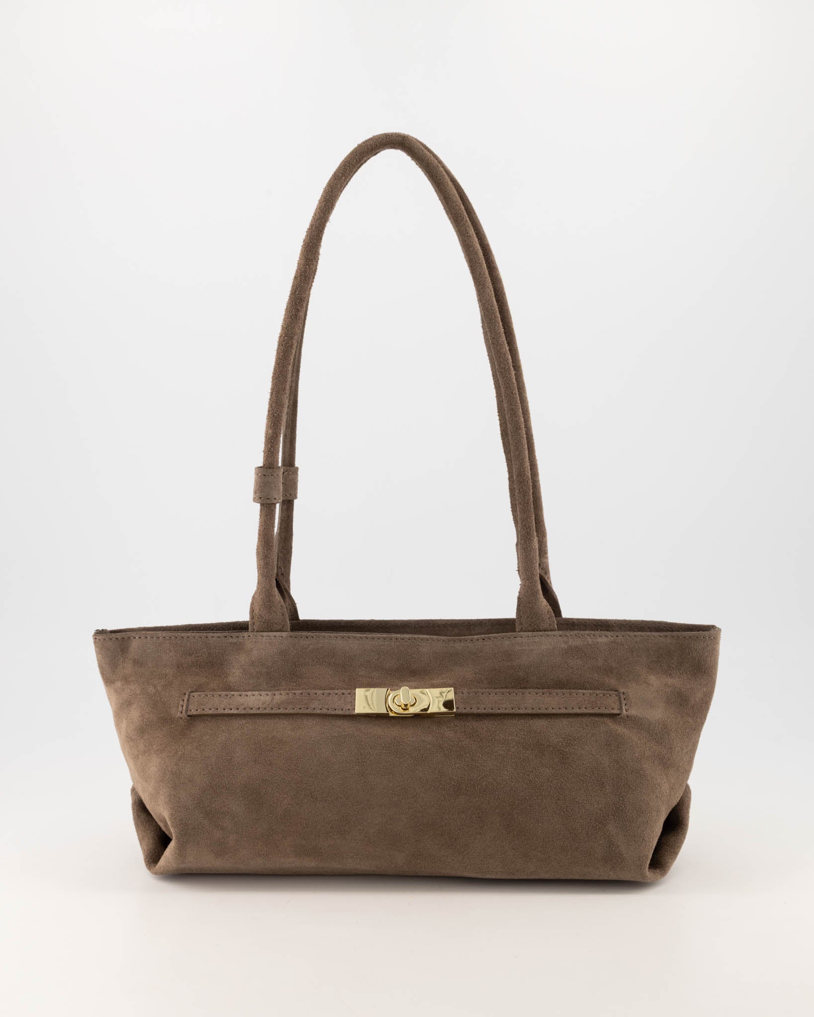 Taupe suède shoulder bag met gold clasp en dubbele handles.