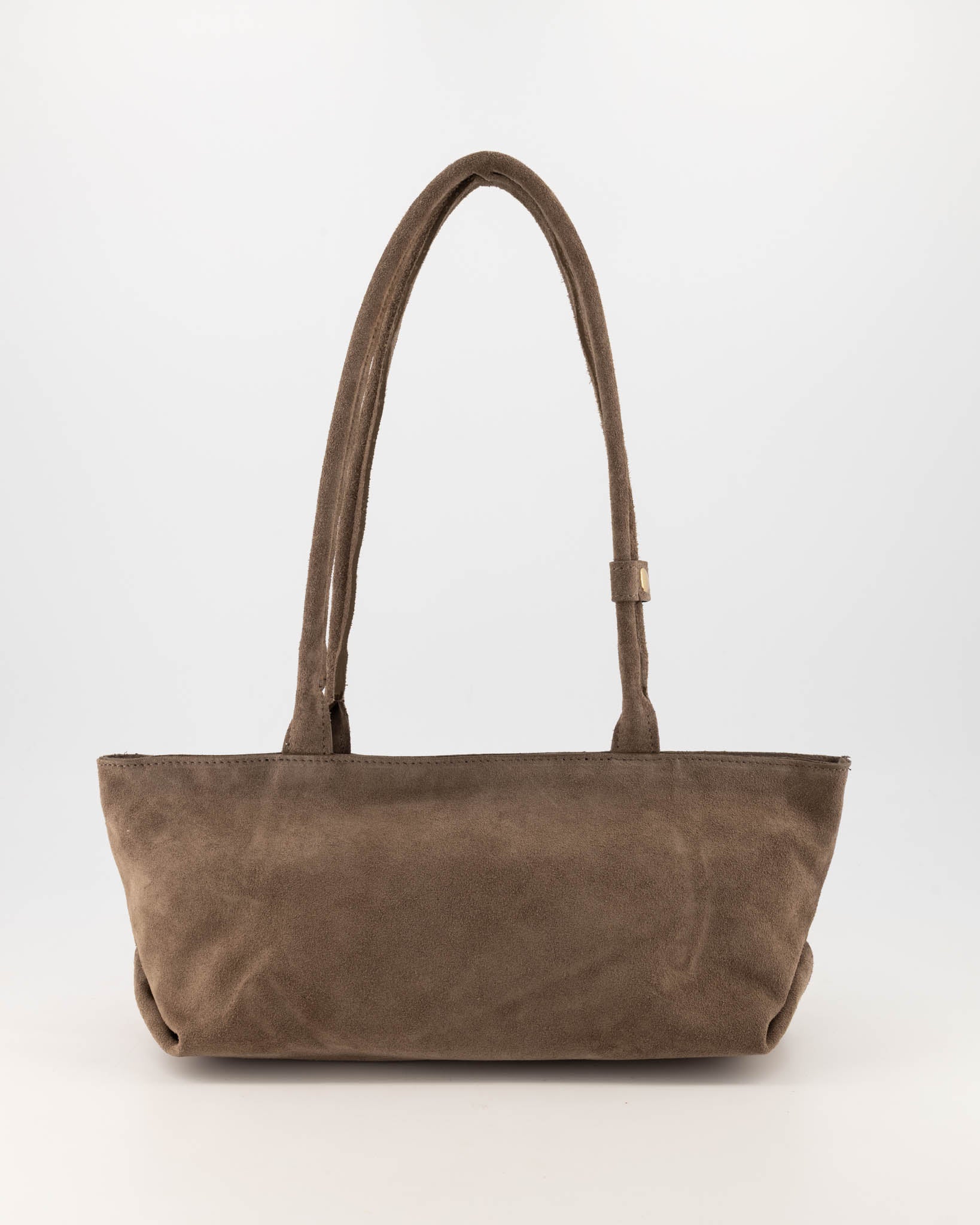 Achterkant van taupe suède shoulder bag