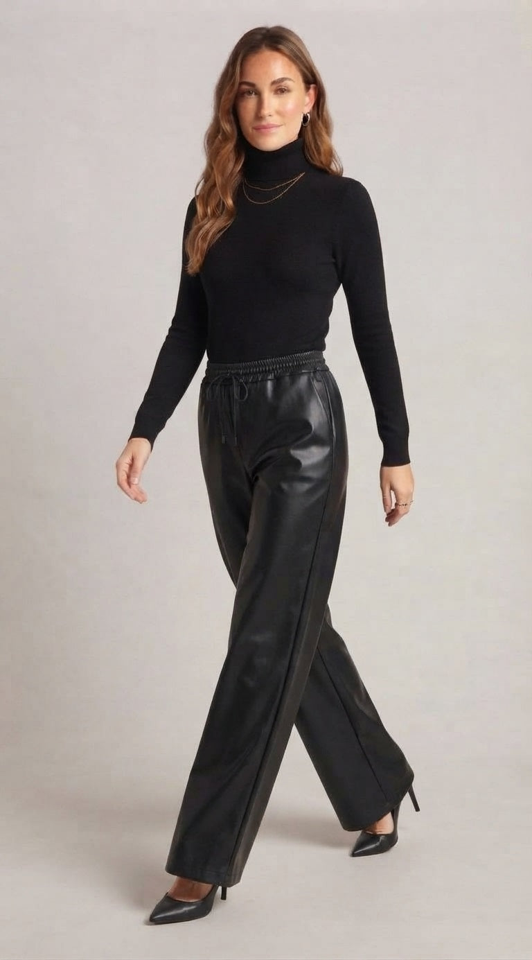 Trendy zwarte PU lederlook dames broek met wijde pijpen en elastische taille gestyled met een zwarte coltrui en hakken
